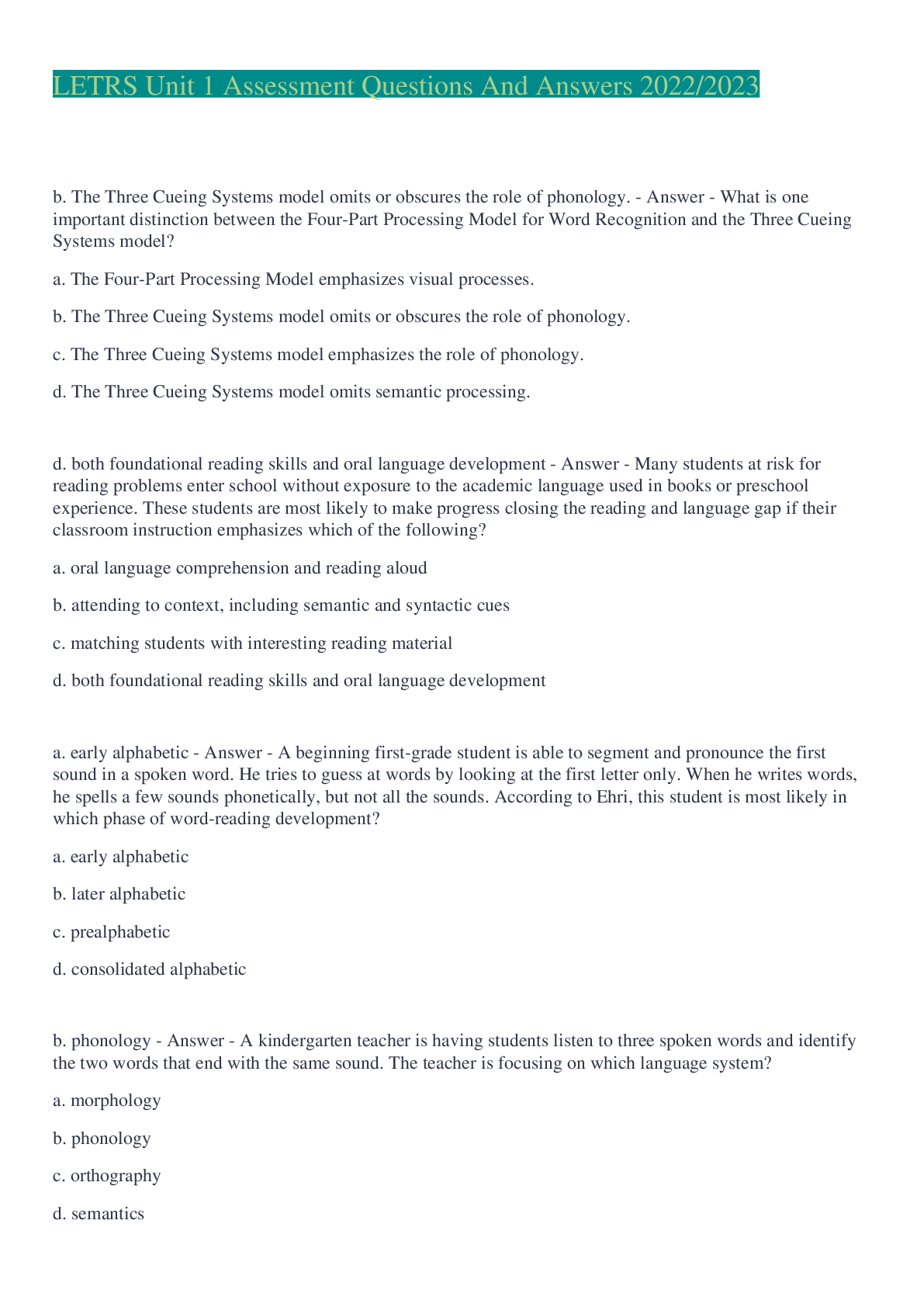 Preview image for LETRS Unit 1 Assessment Questions And Answers 2022/2023